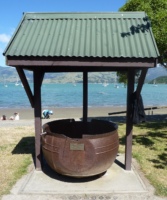 Whaling try pot. Akaroa, South Island, New Zealand