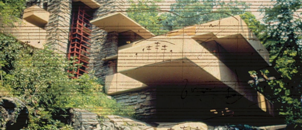 Collage of sheet music over photo of Frank Lloyd Wright's Fallingwater