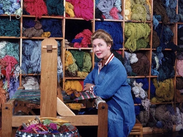 Liebes at her loom, via Decorative Arts Trust