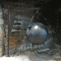 The globe-shaped kettle and buttressed crane in the drafting room at Hillside.