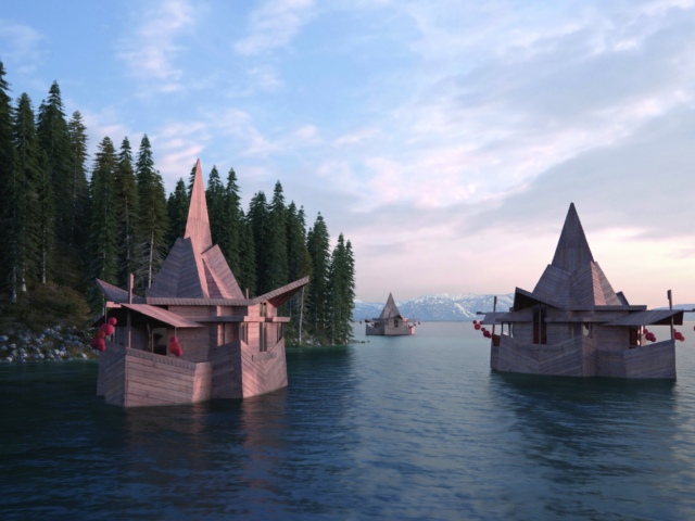 Rendering of floating cabins for the unbuilt Frank Lloyd Wright Lake Tahoe project by David Romero