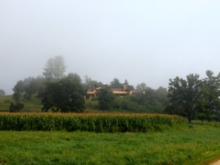 Frank Lloyd Wright's Wisconsin home, Taliesin, is seen in fog, across a field of corn