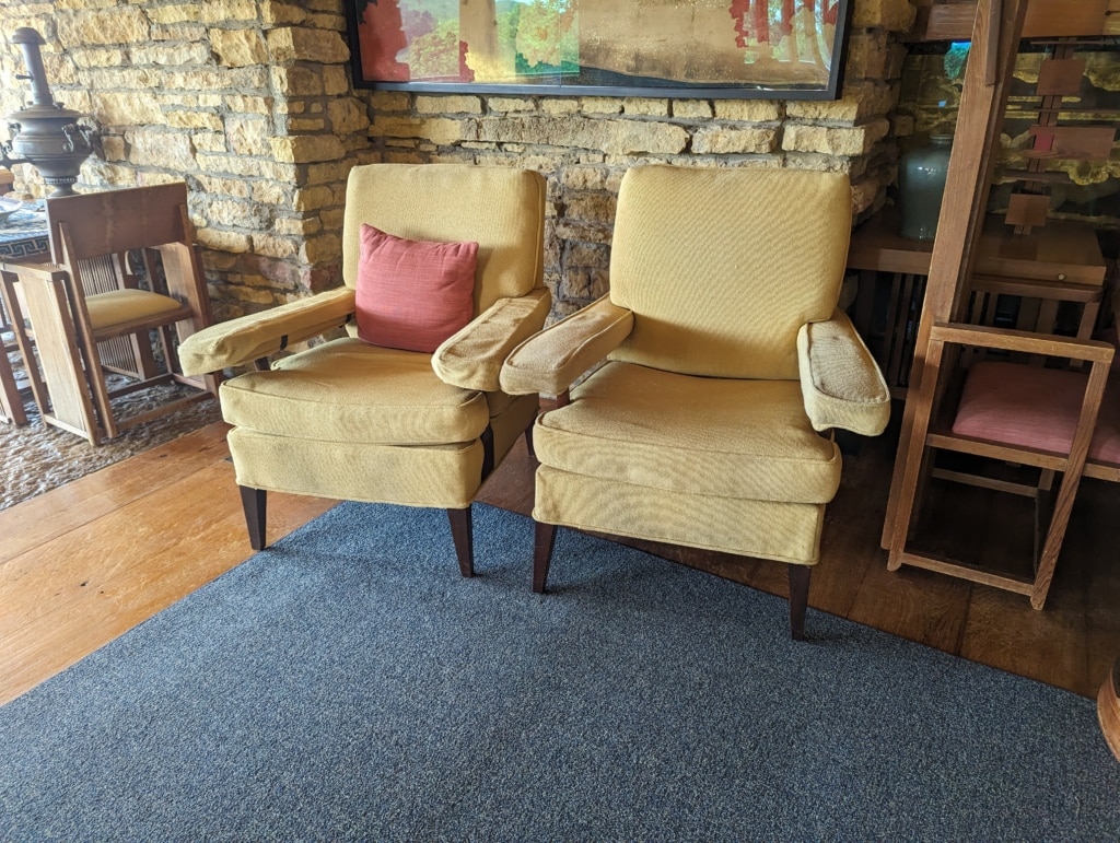 Marshall Field’s armchair modified by Frank Lloyd Wright, wood and fabric, 1925, Frank Lloyd Wright Foundation Collection, 2501.017.