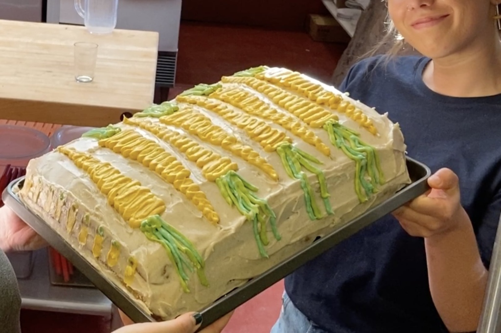 Carrot cake decorated with carrots made in frosting