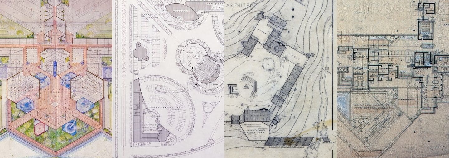 A composite image showing four different architectural drawings and blueprints of varying styles and complexity.