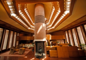 The west fireplace takes center stage in the expansive great room of the Herbert Johnson House, Wingspread