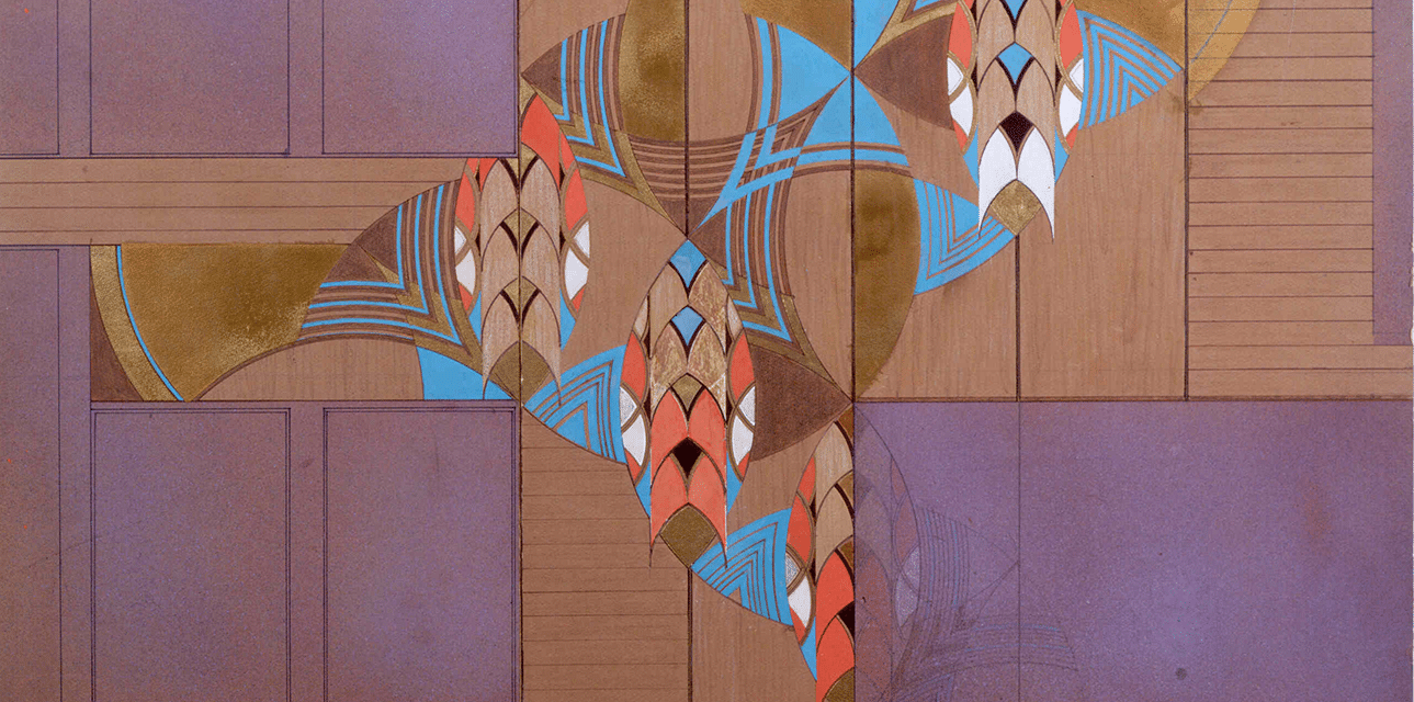 [Cohen House Tropical Foliage (Abstract Pattern Study), Eugene Masselink, ca. 1957, graphite, ink, and paint on plywood, Frank Lloyd Wright Foundation Collection, 1910.223.2.]