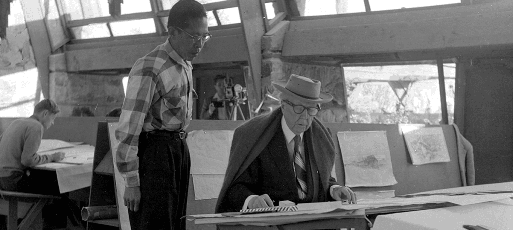 IN TW STUDIO, BRUCE/LING/FLLW. photographer in background. 1954