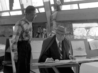 IN TW STUDIO, BRUCE/LING/FLLW. photographer in background. 1954