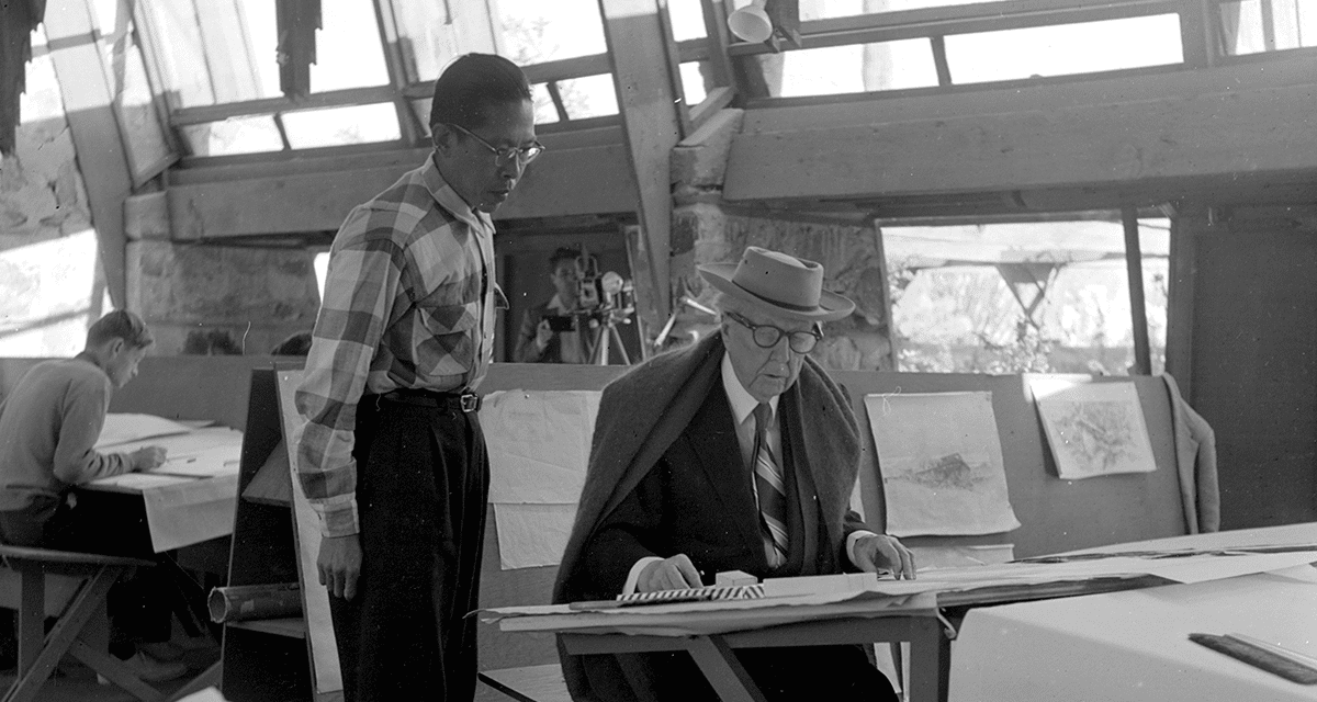 IN TW STUDIO, BRUCE/LING/FLLW. photographer in background. 1954