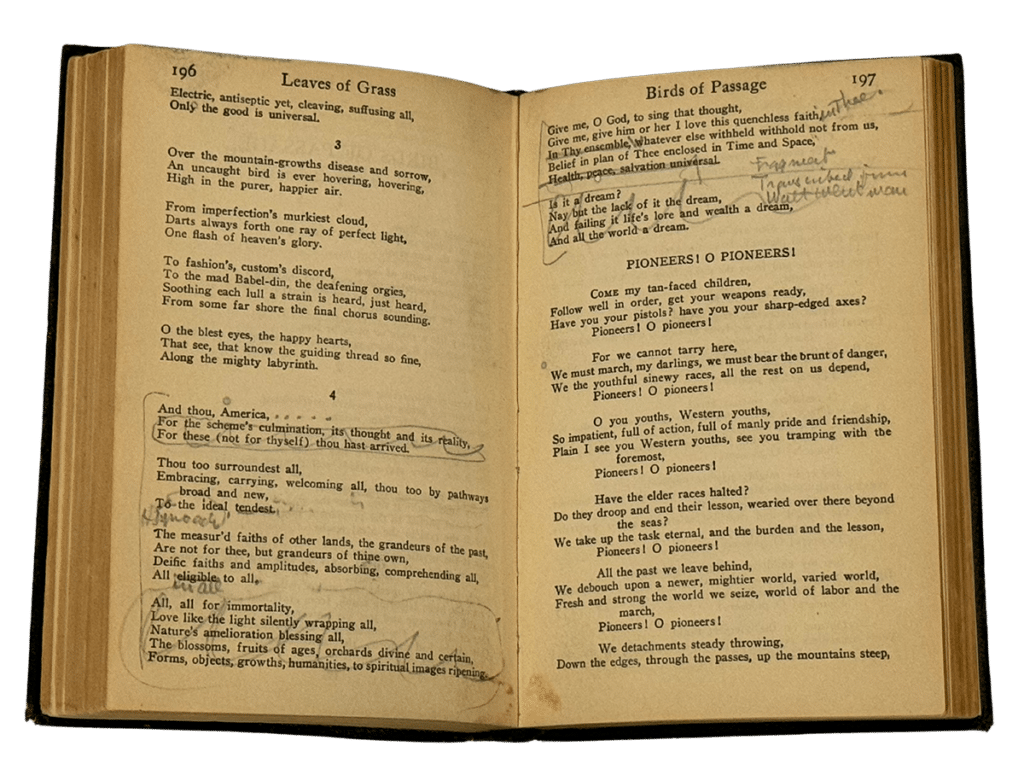 Leaves of Grass, Walt Whitman with handwritten annotations by Frank Lloyd Wright, Frank Lloyd Wright Foundation Collection.