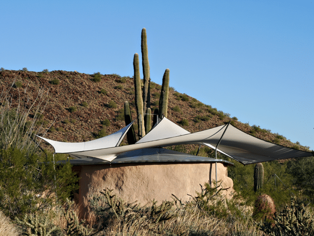 [Nbada (Straw-Bale) shelter, Taliesin West, Michael Heublein (designer), photographer unknown, 2004, Frank Lloyd Wright Foundation Collection.]