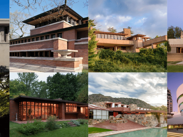 A collage of eight architectural works featuring horizontal lines, overhanging eaves, and integration with nature, characteristic of Frank Lloyd Wright's design style.